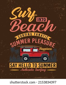 Surf 1970 Beach Surfing fanatick Summer pleasure happiness say hello to summer authentic surfing, Beach of California, idea for t-shirt design and t-shirt prints and other uses.