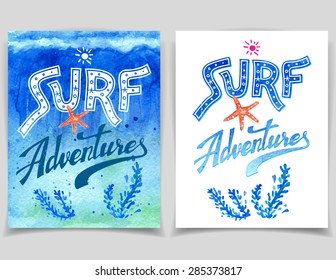 Surf Adventures. Set of vector watercolor surfing greeting cards