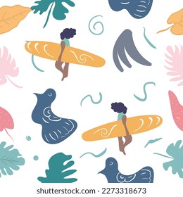 surf background, leaves and birds - vector illustration