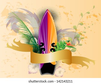 surf background with surfboard and banner