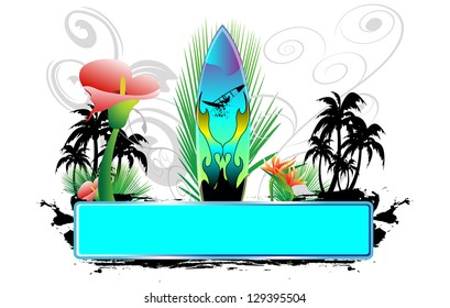 Surf background with surfboard, palm trees and banner