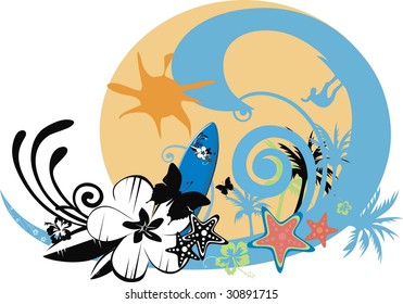 surf background with waves, butterfly, flowers
