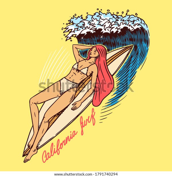  Surf badge. The girl lies on the surf wave.\
Vintage logo. Retro Summer Surfboard and sea. Engraved emblem hand\
drawn. Banner or poster.
