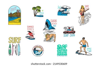 Surf badge. Retro Wave and palm. Summer California pins set. Man on the surfboard, beach and sea. Engraved emblem or logo hand drawn. Vintage Banner or poster. Sports in Hawaii.