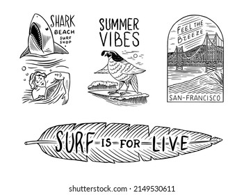 Surf badge. Retro Wave and palm. Summer California pins set. Man on the surfboard, beach and sea. Engraved emblem or logo hand drawn. Vintage Banner or poster. Sports in Hawaii.