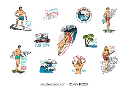 Surf badge. Retro Wave and palm. Summer California pins set. Man on the surfboard, beach and sea. Engraved emblem or logo hand drawn. Vintage Banner or poster. Sports in Hawaii.