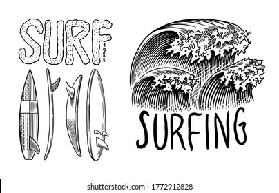  Surf badge. Retro Wave. Vintage Surfer logo. Summer California labels. Surfboard and sea. Engraved emblem hand drawn. Banner or poster.