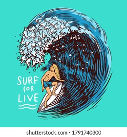  Surf badge. Retro Wave. Vintage Surfer logo. Summer California labels. Man on the surfboard. Engraved emblem hand drawn. Banner or poster.