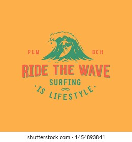 Surf Badge. Stamp typography, t-shirt graphics, poster. Vintage style print design.