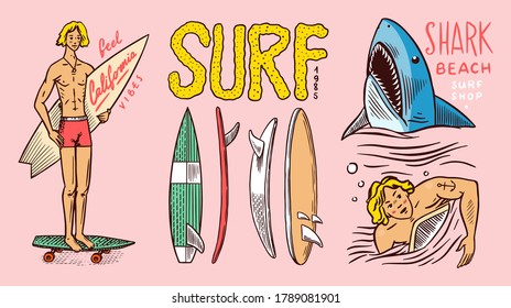  Surf badge, Vintage Surfer logo. Retro Wave and Summer pins. Man on the surfboard and shark. Engraved emblem hand drawn. Banner or poster. Sports in Hawaii.