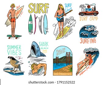  Surf badge, Vintage Surfer logo. Retro Wave and palm. Summer California pins set. Man on the surfboard, beach and sea. Engraved emblem hand drawn. Banner or poster. Sports in Hawaii.