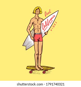  Surf badge, Vintage Surfer logo. Retro Wave. Summer California. Man on the surfboard and sea. Engraved emblem hand drawn. Banner or poster.