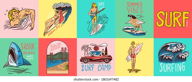  Surf badge, Vintage Surfer logo. Retro Wave and palm. Summer California pins set. Man on the surfboard, beach and sea. Engraved emblem hand drawn. Banner or poster. Sports in Hawaii.