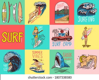  Insignia de surf, logo de Vintage Surfer. Ola retro y palmera. Monedas de verano en California. Hombre en la tabla de surf, playa y mar. Emblema grabado a mano. Cartel o afiche. Deportes en Hawái.