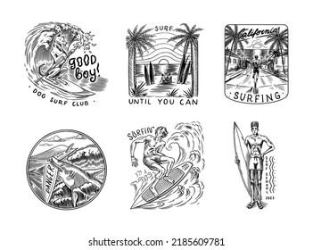 Surf badge, Vintage Surfer logo. Retro Wave and palm. Summer California pins set. Man on the surfboard, beach and sea. Engraved emblem hand drawn. Banner or poster. Sports in Hawaii.