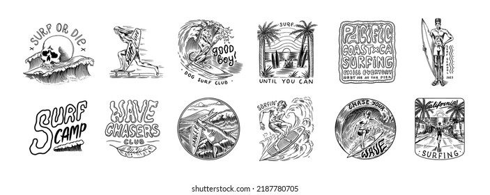 Surf badge, Vintage Surfer logo. Retro Wave and palm. Summer California pins set. Man on the surfboard, beach and sea. Engraved emblem hand drawn. Banner or poster. Sports in Hawaii.