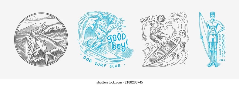 Surf badge, Vintage Surfer logo. Retro Wave and palm. Summer California pins set. Man on the surfboard, beach and sea. Engraved emblem hand drawn. Banner or poster. Sports in Hawaii.