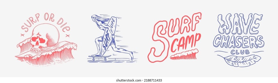 Surf badge, Vintage Surfer logo. Retro Wave and palm. Summer California pins set. Man on the surfboard, beach and sea. Engraved emblem hand drawn. Banner or poster. Sports in Hawaii.