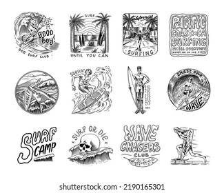 Surf badge, Vintage Surfer logo. Retro Wave and palm. Summer California pins set. Man on the surfboard, beach and sea. Engraved emblem hand drawn. Banner or poster. Sports in Hawaii.