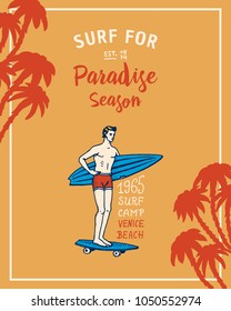 Surf badge, wave and ocean. vintage retro background. tropics and california. man on the surfboard, summer on the beach and the sea. engraved emblem hand drawn. Banner or poster. sports in Hawaii.