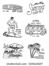 Banda y ola de surf, palmera y océano. trópicos y california. hombre en la tabla de surf, verano en la playa y el mar. emblema grabado a mano. Cartel o afiche. deportes en Hawái.