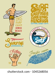Surf badge and wave, palm tree and ocean. tropics and california. man on the surfboard, summer on the beach and the sea. engraved emblem hand drawn. Banner or poster. sports in Hawaii.