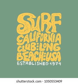 Surf badge and wave, palm tree and ocean. vintage retro background. tropics and california, surfboard, summer on the beach and the sea. engraved emblem hand drawn. Banner or poster.  