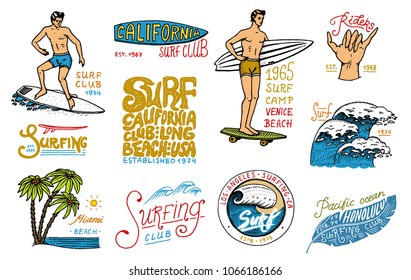 Surf badge and wave, palm tree and ocean. tropics and california. man on the surfboard, summer on the beach and the sea. engraved emblem hand drawn. Banner or poster. sports in Hawaii.