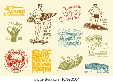 Surf badge and wave, palm tree and ocean. tropics and california. man on the surfboard, summer on the beach and the sea. engraved emblem hand drawn. Banner or poster. sports in Hawaii.