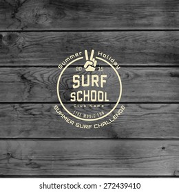 Surf badges logos and labels for any use, wooden background texture EPS10
