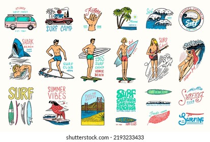 Surf badges, Vintage Surfer logo. Retro Wave and palm. Summer California pins set. Man on the surfboard, beach and sea. Engraved emblem hand drawn. Sports in Hawaii. Banner or poster. 