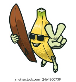 surf banana cartoon character wearing sunglasses in summer. Mascot illustration collection.