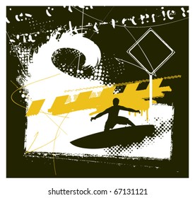 surf banner scene and grunge wave with surfer