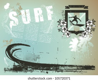 surf banner with shield and paradise beach