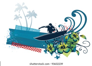 surf banner with surfer flowers and wave