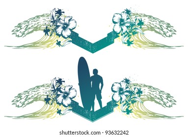 surf banner with two waves and hibiscus
