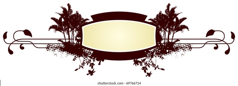 surf banner with vignette palms and hibiscus