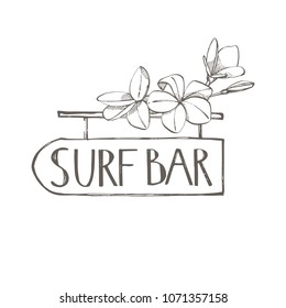 Surf bar. Composition this Signboard and Tropical palm leaves, vector illustration. Graphic hand drawn painted illustration.