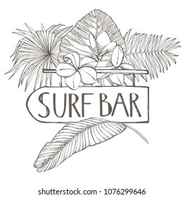 Surf bar. Composition this Signboard and Tropical palm leaves, vector illustration. Graphic hand drawn painted illustration.