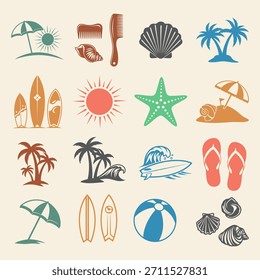 Conjunto de íconos de surf y playa con Elementos tropicales palmeras olas tablas de surf sol para variante de color de verano.