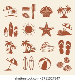 Surf- und Strandsymbol-Set mit tropischen Elementen Palmen Wellen Surfbretter Sonne für sommerbraunen Hintergrund.