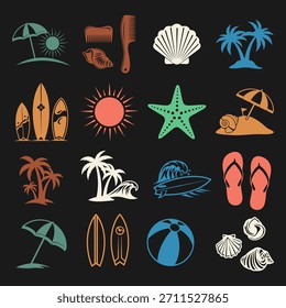 Conjunto de iconos de surf y playa con Elementos tropicales palmeras olas tablas de surf sol para verano color negro.
