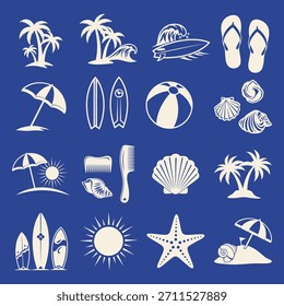 Conjunto de iconos de surf y playa con Elementos tropicales, palmeras, olas, tablas de surf, sol para el fondo azul de verano.