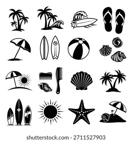 Surf and beach icon set with tropical elements palm trees waves surfboards sun for summer designs branding.