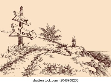 Surf beach landscape with wooden board pointing direction