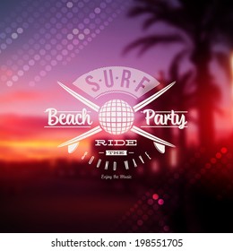 Surf beach party type sign against a tropical sundown defocused background