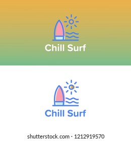 Surf beach summer logo with surfing board and wave in vector isolated