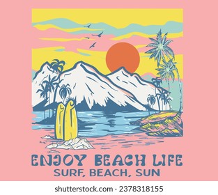 Surf, beach, sun. Endless summer. Summer good vibes graphic print design for t shirt print, poster, sticker, background and other uses. Water wave watercolor retro artwork.