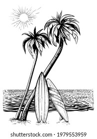 Surf beach, vector drawing. Surfboards under palm trees, vintage illustration.