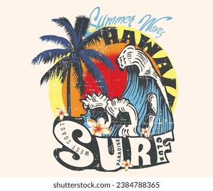 Surf Beach Waves en la costa oeste de Hawaii, club de surf del paraíso, vectores de tipografía de playa y olas grandes, diseño gráfico de buenas vibraciones de verano para la impresión de camisetas, afiche, pegatina, fondo y otros 